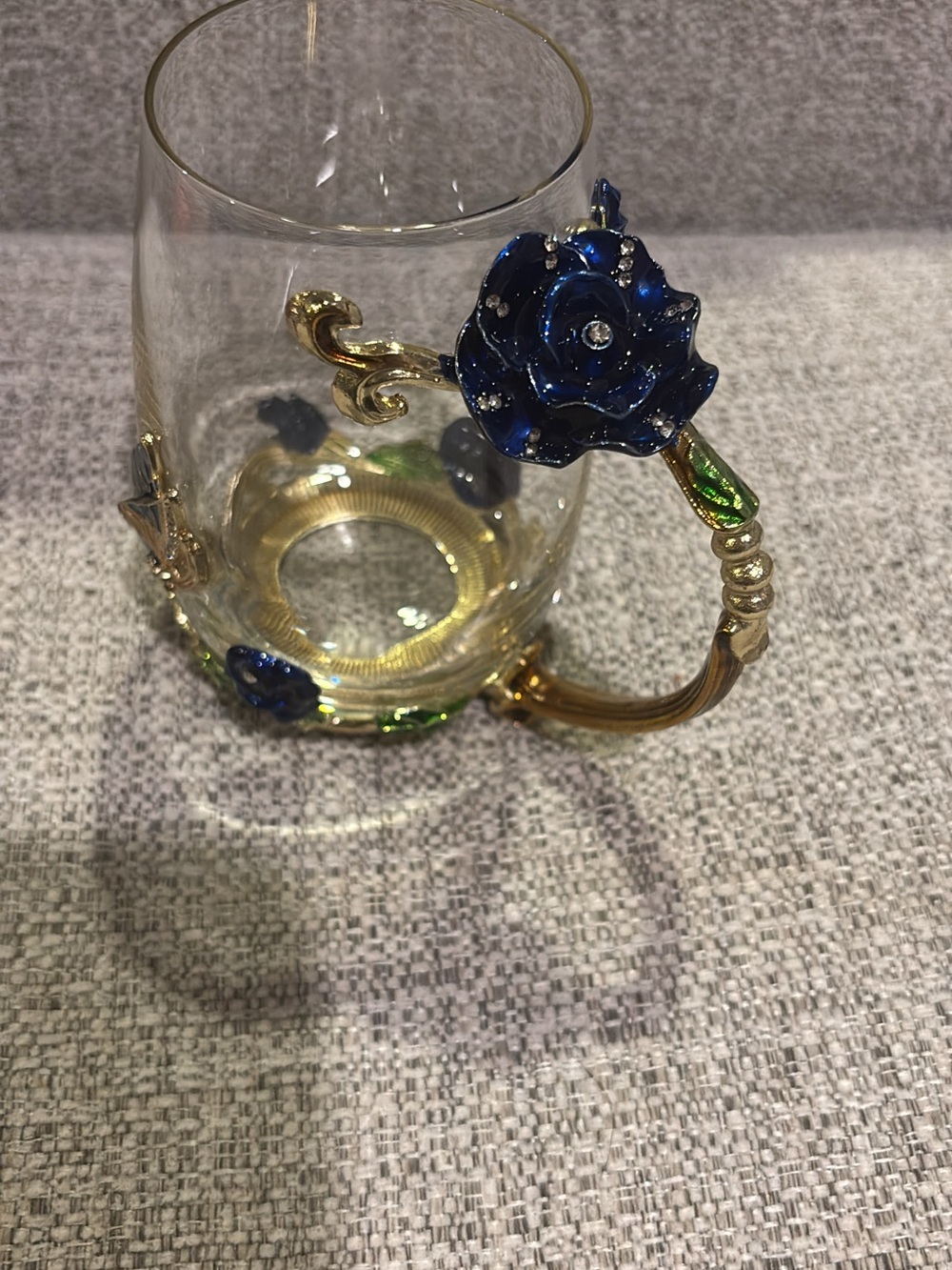 French Glass Mug with Blue Enamel Rose and Gold Accents